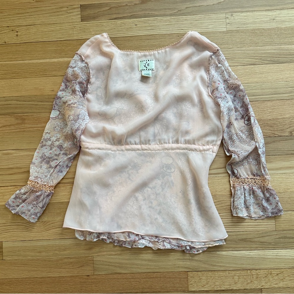 Ethereal Silk Flowy Boho Lace-Trimmed Romantic Floral Pale Peach V-Neck Top ~ XL - Picture 10 of 15